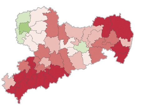 Dieses Vorschaubild zeigt eine Karte von Sachsen, unterteilt nach Landtagswahlkreisen.