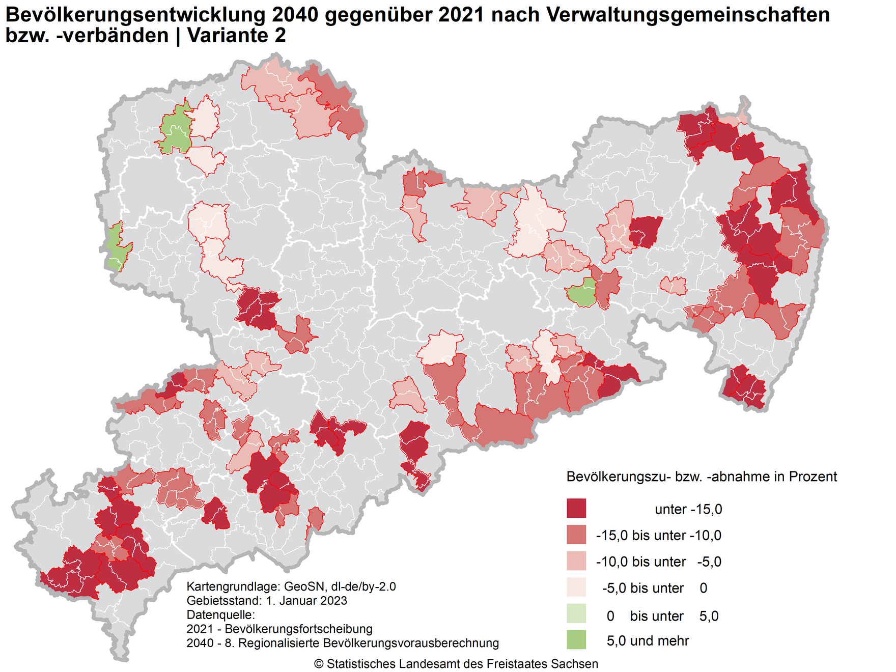 Die Karte zeigt die relative Bevölkerungsentwicklung der Verwaltungsgemeinschaften und –verbände in Sachsen 2040 gegenüber 2021 laut Variante 2 der 8. RBV.