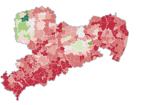 Dieses Vorschaubild zeigt eine Karte von Sachsen, unterteilt nach Gemeinden.