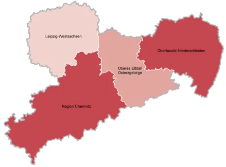 Karte des Freistaates Sachsen mit Grenzen der Planungsregionen