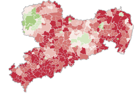 Dieses Vorschaubild zeigt eine Karte von Sachsen, unterteilt in die verschiedenen regionalen EInheiten.