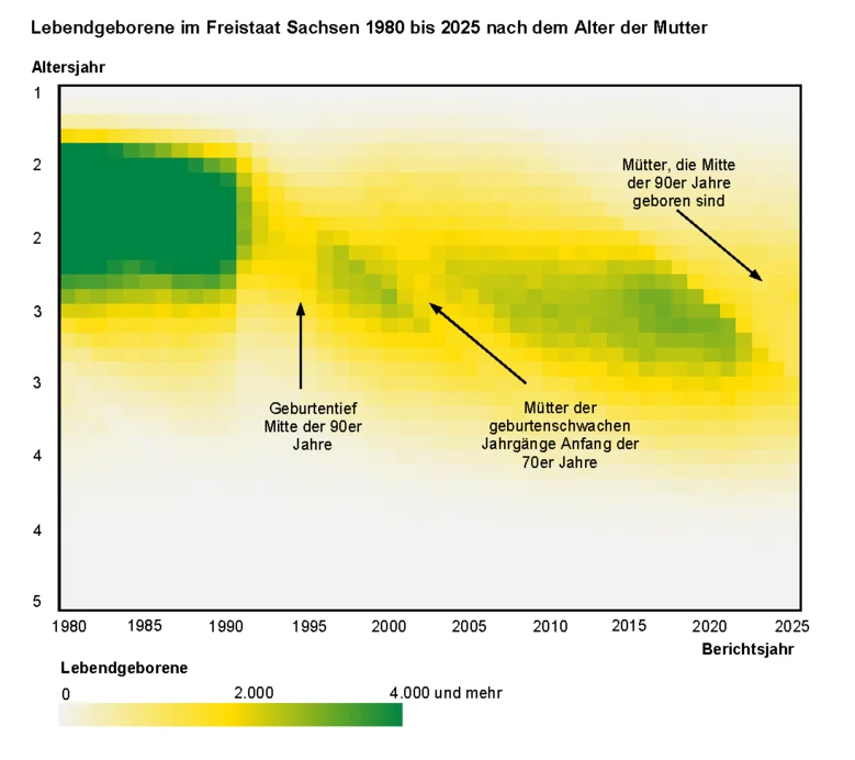 Die Abbildung des Typ Heatmap verdeutlicht das hohe Geburtenniveau vor allem junger Mütter vor 1990, den drastischen Rückgang der Geburtenzahlen nach der Wiedervereinigung und die Entwicklung des Anstieges des Durchschnittsalters der Mütter.