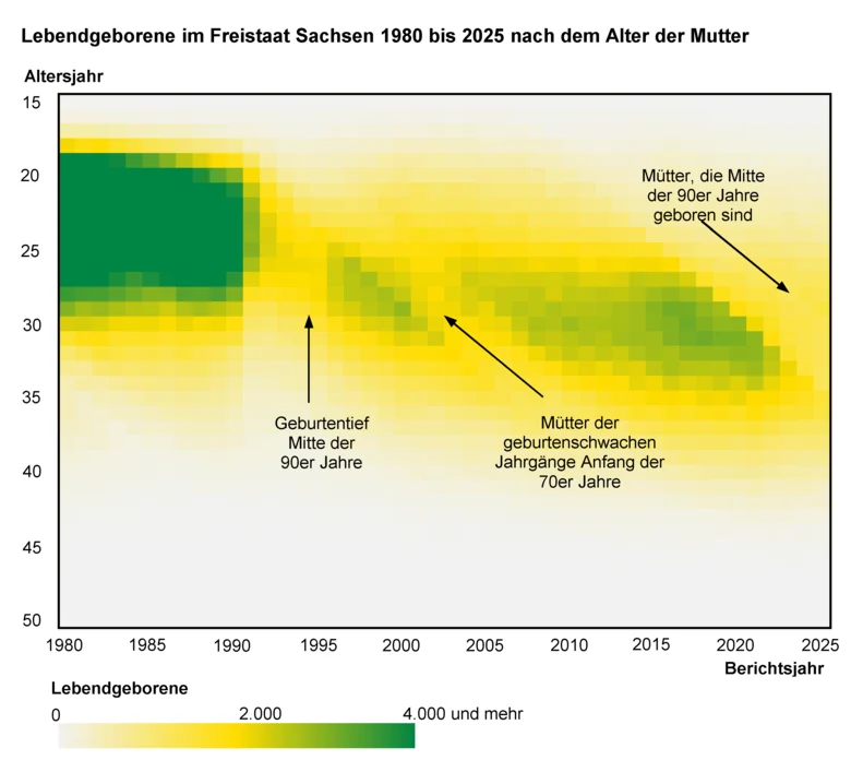 Die Abbildung des Typ Heatmap verdeutlicht das hohe Geburtenniveau vor allem junger Mütter vor 1990, den drastischen Rückgang der Geburtenzahlen nach der Wiedervereinigung und die Entwicklung des Anstieges des Durchschnittsalters der Mütter.