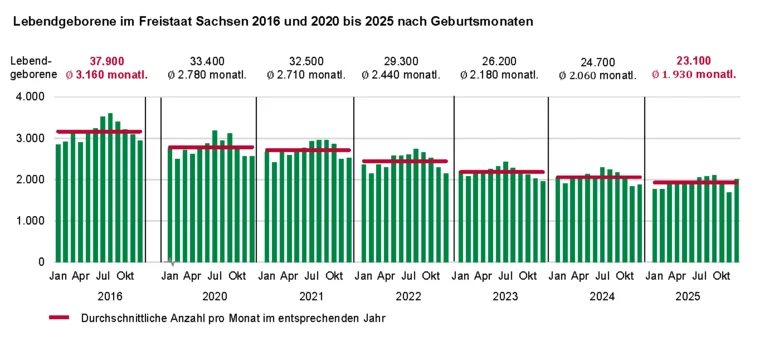 Die Balkengrafik zeigt die monatliche Zahl der Lebendgeborenen in den ausgewählten Jahren. Im 1. Quartal Jahr 2016 wurden im Durchschnitt pro Monat noch 3.160 Kinder lebend geboren, im 1. Quartal 2025 waren es durchschnittlich monatlich 1.230 Kinder wenig