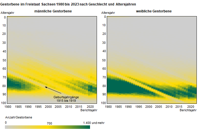 Die Abbildung des Typ Heatmap stellt die Anzahl der Gestorbenen im Alter von 0 bis 100 Jahren für den Betrachtungszeitraum 1980 bis 2023 dar und verdeutlicht die geschlechtsspezifischen Unterschiede.